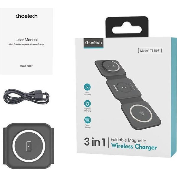 Ładowarka Choetech Magnetyczna ładowarka indukcyjna Choetech T588-F 3w1 15W (czarna)