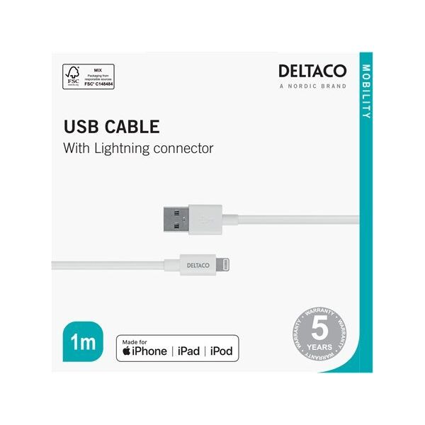 Kabel USB Deltaco USB-A - Lightning 1 m Biały (IPLH-401)
