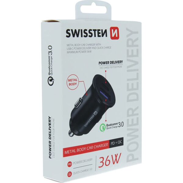 Ładowarka Swissten Ładowarka samochodowa SWISSTEN 36W, 2-portowy, USB-C, USB-A