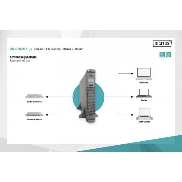 Digitus Zasilacz awaryjny UPS Online Rack 19'/Tower, 10kVA/10kW, 2U, bez baterii (moduł baterii DN-170108)