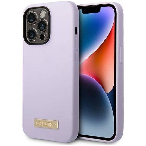 Guess Guess GUHMP14LSBPLU iPhone 14 Pro 6,1" fioletowy/purple hard case Silicone Logo Plate MagSafe