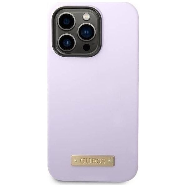 Guess Guess GUHMP14LSBPLU iPhone 14 Pro 6,1" fioletowy/purple hard case Silicone Logo Plate MagSafe