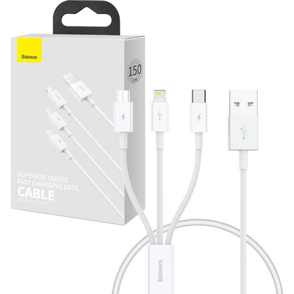 Kabel USB Baseus USB-A - USB-C + microUSB + Lightning 0.5 m Biały (P10320105221-01)
