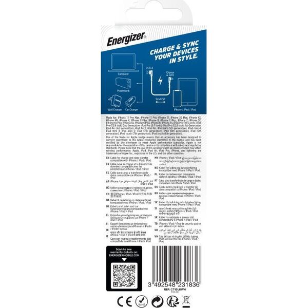 Kabel USB Energizer USB-A - Lightning 2 m Biały (C710LKWH)