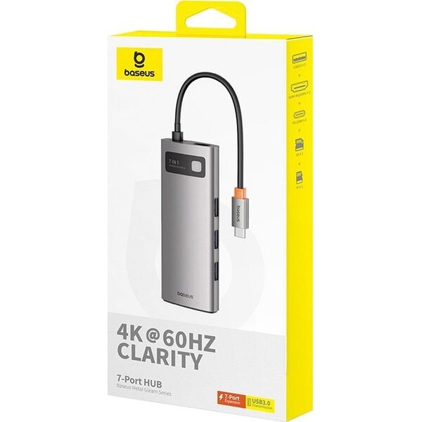 HUB USB Baseus Hub 7w1 Baseus Gleam, USB-C do 1x HDMI4K 60Hz + 3x USB3.0 + 1x PD + 1x SD/TF (szary)