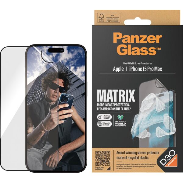 PanzerGlass Szkło hybrydowe PanzerGlass Ultra-Wide Fit Matrix iPhone 15 Pro Max antybakteryjne