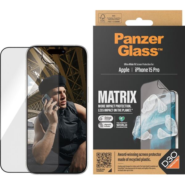 PanzerGlass Szkło hybrydowe PanzerGlass Ultra-Wide Fit Matrix iPhone 15 Pro antybakteryjne