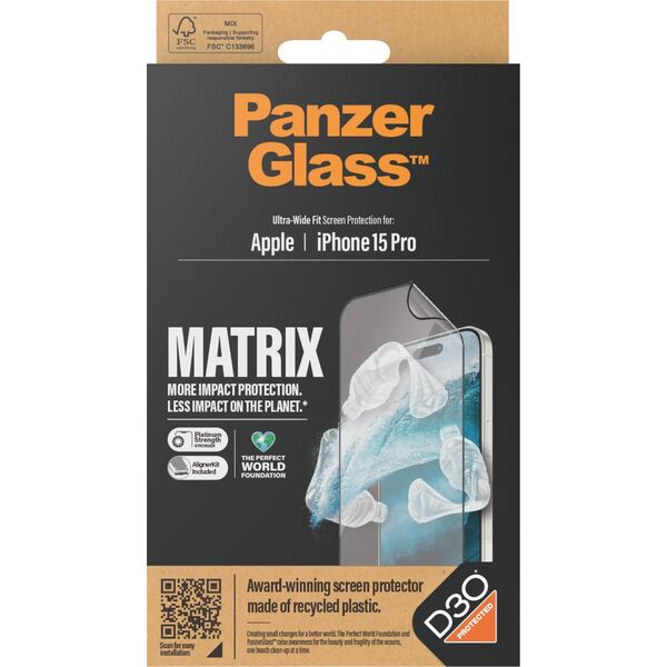 PanzerGlass Szkło hybrydowe PanzerGlass Ultra-Wide Fit Matrix iPhone 15 Pro antybakteryjne