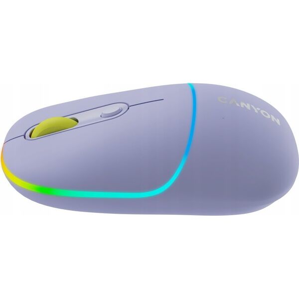 Mysz Canyon CANYON MW-22, 2 in 1 Wireless optical mouse with 4 buttons,Silent switch for right/left keys,DPI 800/1200/1600, 2 mode(BT/ 2.4GHz), 650mAh Li-poly battery,RGB backlight,Mountain lavender, cable length 0.8m, 110*62*34.2mm, 0.085kg