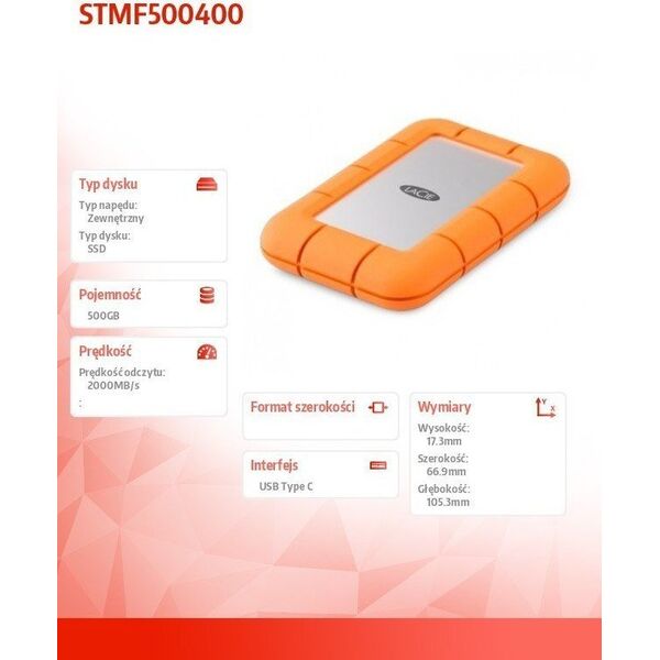 Dysk zewnętrzny SSD LaCie Rugged Mini 500GB Srebrno-pomarańczowy (STMF500400)