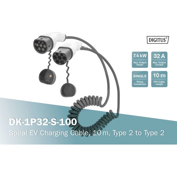 Kabel do ładowania samochodów Digitus Typ2-Typ2, 1-fazowy 230V, 32A, 7,4kW, 10m spiralny (DK-1P32-S-100)
