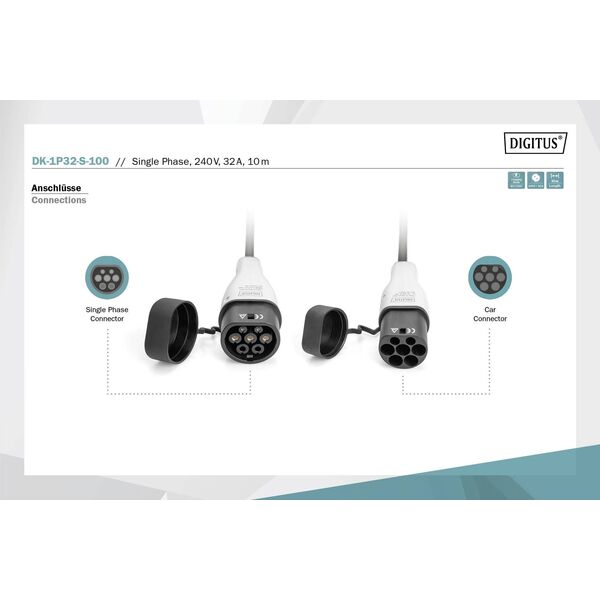 Kabel do ładowania samochodów Digitus Typ2-Typ2, 1-fazowy 230V, 32A, 7,4kW, 10m spiralny (DK-1P32-S-100)