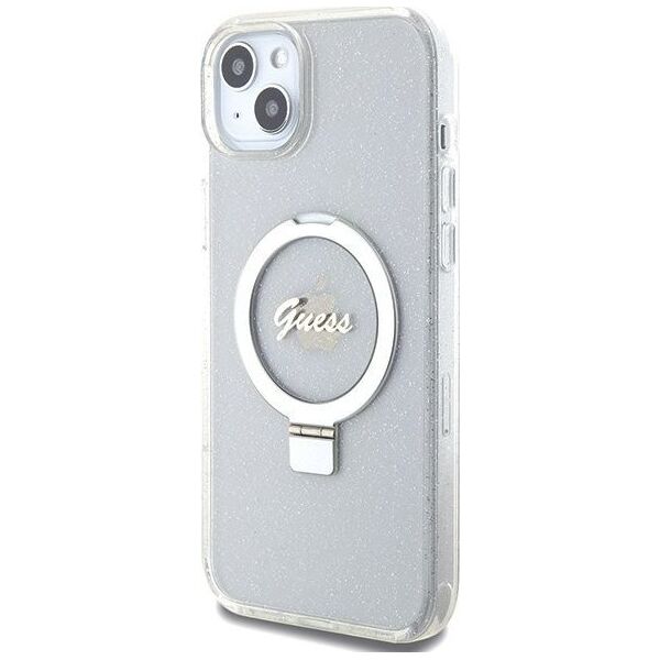 Guess Guess GUHMP15MHRSGSD iPhone 15 Plus 6.7" przezroczysty/transparent hardcase Ring Stand Script Glitter MagSafe