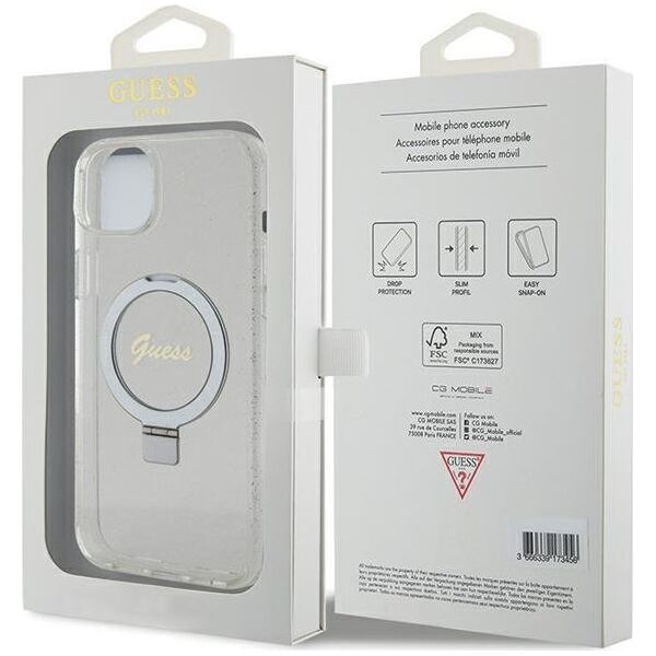 Guess Guess GUHMP15MHRSGSD iPhone 15 Plus 6.7" przezroczysty/transparent hardcase Ring Stand Script Glitter MagSafe