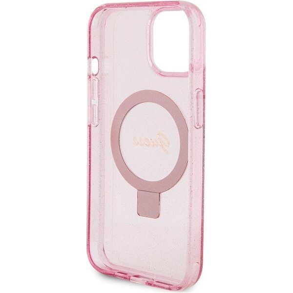 Guess Guess GUHMP15MHRSGSP iPhone 15 Plus 6.7" różowy/pink hardcase Ring Stand Script Glitter MagSafe