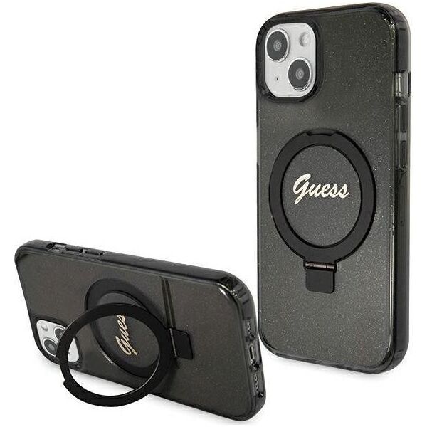 Guess Guess GUHMP15MHRSGSK iPhone 15 Plus 6.7" czarny/black hardcase Ring Stand Script Glitter MagSafe