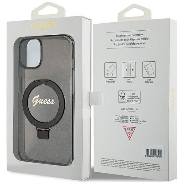 Guess Guess GUHMP15MHRSGSK iPhone 15 Plus 6.7" czarny/black hardcase Ring Stand Script Glitter MagSafe