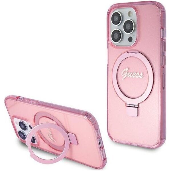 Guess Guess GUHMP15XHRSGSP iPhone 15 Pro Max 6.7" różowy/pink hardcase Ring Stand Script Glitter MagSafe