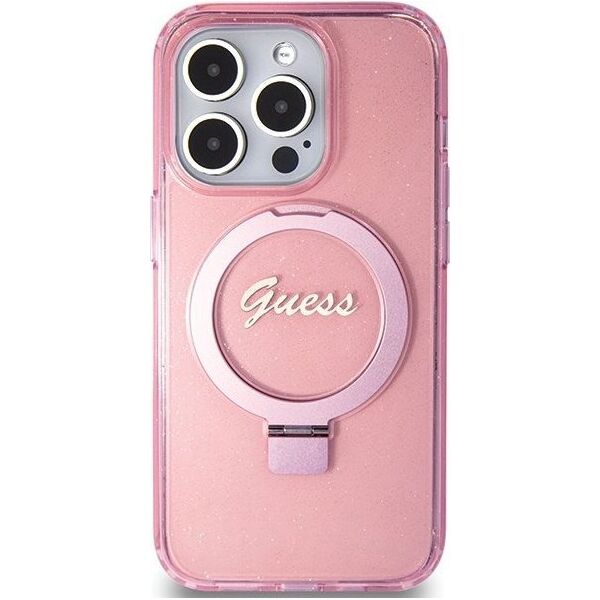 Guess Guess GUHMP15XHRSGSP iPhone 15 Pro Max 6.7" różowy/pink hardcase Ring Stand Script Glitter MagSafe