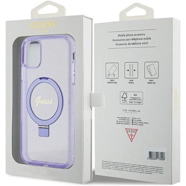 Guess Guess GUHMN61HRSGSU iPhone 11 / Xr 6.1" fioletowy/purple hardcase Ring Stand Script Glitter MagSafe