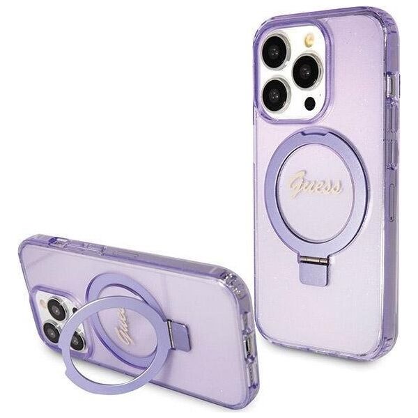 Guess Guess GUHMP13LHRSGSU iPhone 13 Pro / 13 6.1" fioletowy/purple hardcase Ring Stand Script Glitter MagSafe