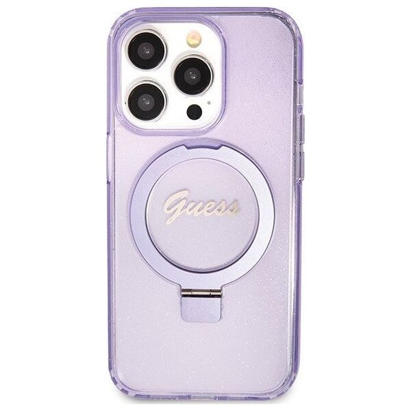 Guess Guess GUHMP13LHRSGSU iPhone 13 Pro / 13 6.1" fioletowy/purple hardcase Ring Stand Script Glitter MagSafe