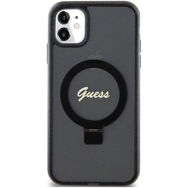 Guess Guess GUHMN61HRSGSK iPhone 11 / Xr 6.1" czarny/black hardcase Ring Stand Script Glitter MagSafe