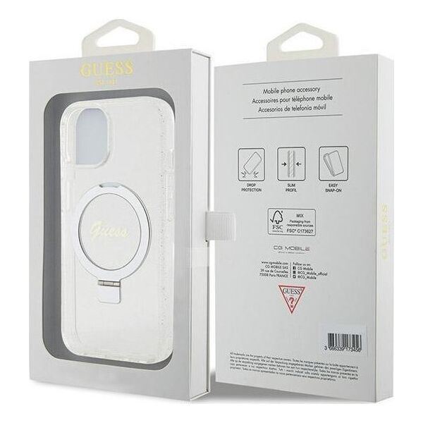 Guess Guess GUHMP15SHRSGSD iPhone 15 / 14 / 13 6.1" przezroczysty/transparent hardcase Ring Stand Script Glitter MagSafe