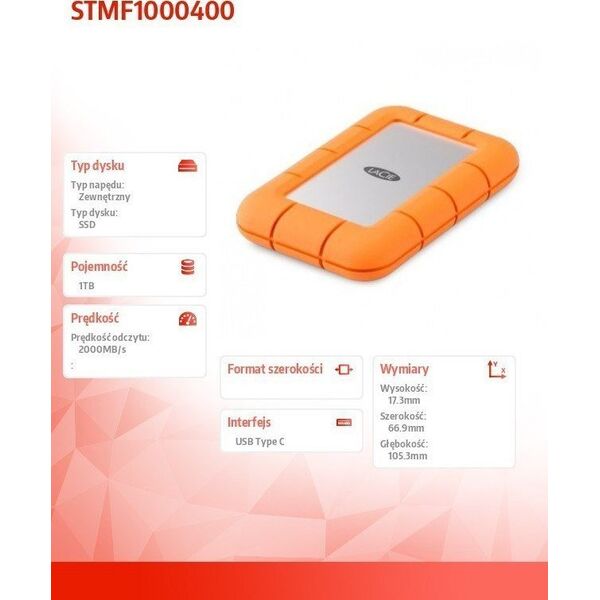 Dysk zewnętrzny SSD LaCie Rugged Mini 1TB Srebrno-pomarańczowy (STMF1000400)
