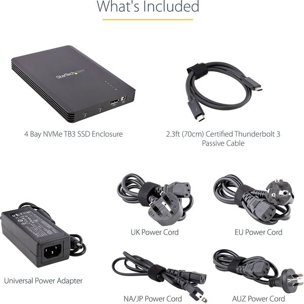 Kieszeń StarTech StarTech.com 4 Bay Thunderbolt 3 NVMe Enclosure, For M.2 NVMe SSD Drives, 1x DisplayPort Video/ 2x TB3 Downstream Ports, 40Gbps, 72W Power Supply, External Hard Drive Enclosure, SSD enclosure, M.2, M.2, 40 Gbit/s, USB connectivity, Black