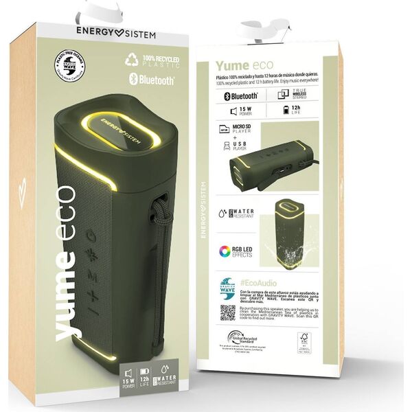 Głośnik Energy Sistem Energy Sistem | Speaker with RGB LED Lights | Yume ECO | 15 W | Waterproof | Bluetooth | Green | Portable | Wireless connection