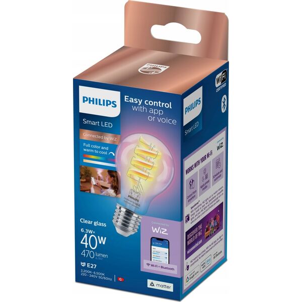 Philips WiZ | Philips Smart WiFi Filament Clear RGB | E27 | 6.3 W | Full colour