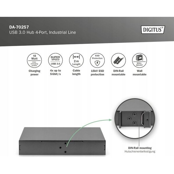 HUB USB Digitus USB Hub Digitus 4-Port USB 3.0 Hub, Industrial