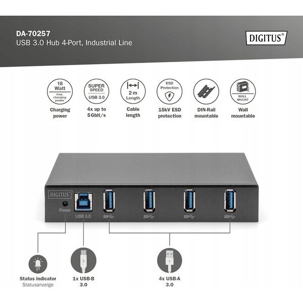 HUB USB Digitus USB Hub Digitus 4-Port USB 3.0 Hub, Industrial