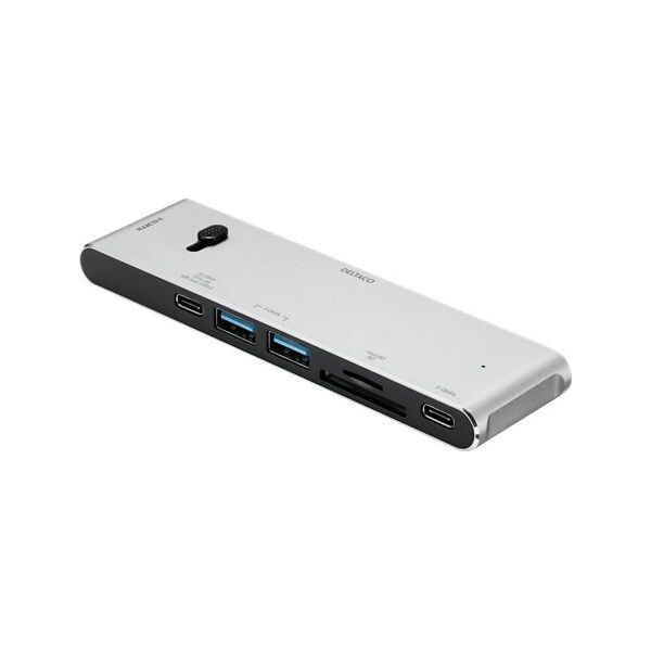 Adapter USB Deltaco USB-C jungčių stotelė DELTACO USB-C į HDMI/DisplayPort/USB-A/USB-C/atminties kortelės skaitytuvas, 3840x2160, PD 100W, pilka / USBC-HDMI21