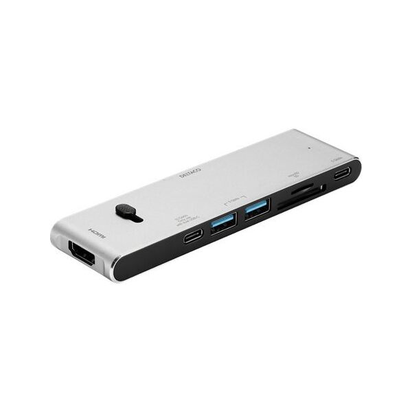Adapter USB Deltaco USB-C jungčių stotelė DELTACO USB-C į HDMI/DisplayPort/USB-A/USB-C/atminties kortelės skaitytuvas, 3840x2160, PD 100W, pilka / USBC-HDMI21
