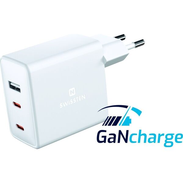 Ładowarka Swissten Swissten GaN 2x USB C + USB 70 W Power Delivery Biała