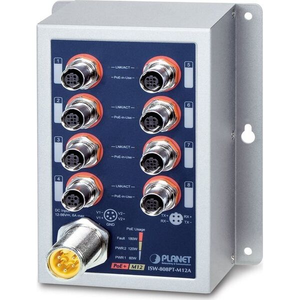 Switch Planet PLANET IP50 Ind 8-P 10/100TX M12 Nie zarządzany Obsługa PoE Niebieski, Szary