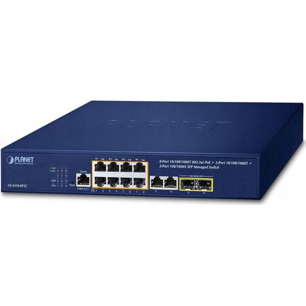 Switch Planet PLANET IPv4/IPv6, 8-Port Managed Zarządzany L2/L4 Gigabit Ethernet (10/100/1000) Obsługa PoE 1U Niebieski