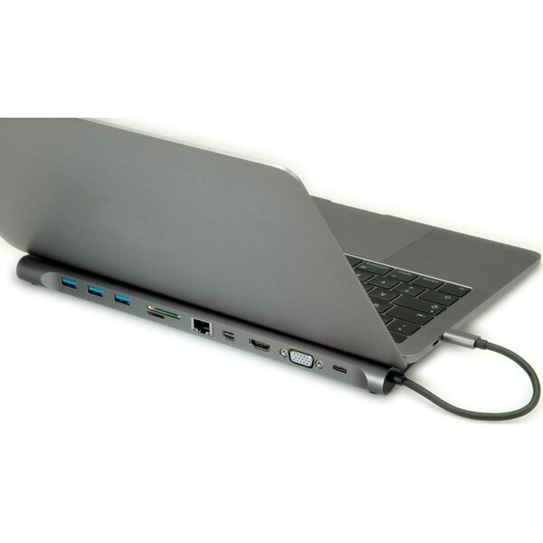 Stacja dokująca Roline Wieloportowa stacja dokująca ROLINE USB 3.2 Gen 2 typu C, 4K HDMI/Mini DP, VGA, USB, Kaartlezer, PD, LAN, Audio