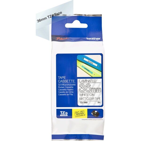Brother Brother Matte Laminated Label Tape Cartridge TZeM65 Baltas on transparent background, TZe, 8 m, 3.6 cm