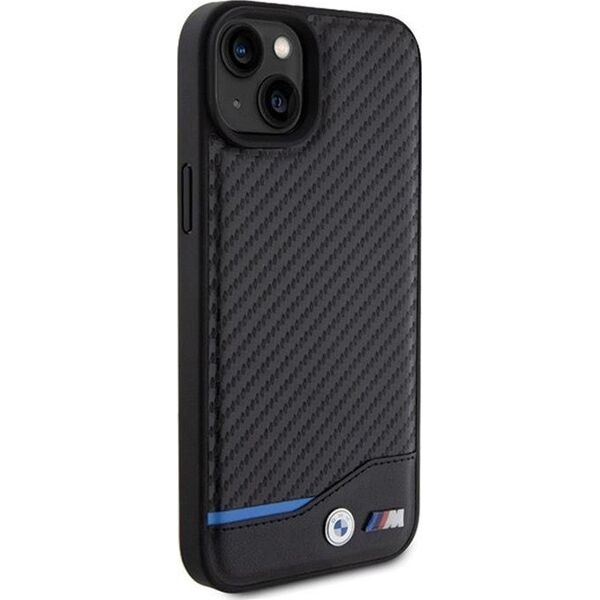 BMW BMW Leather Carbon Blue Line - Etui iPhone 15 Plus (czarny)