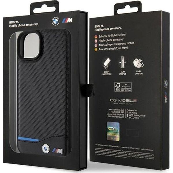 BMW BMW Leather Carbon Blue Line - Etui iPhone 15 Plus (czarny)