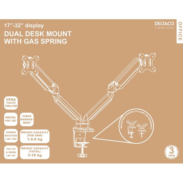Deltaco Deltaco Monitora stativs Dual Gas Spring Deltaco