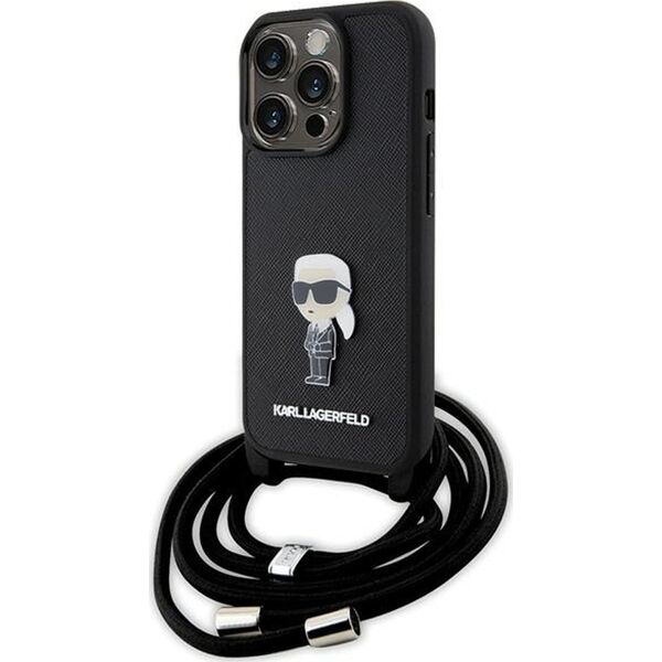 Karl Lagerfeld Karl Lagerfeld KLHCP15LSASKNPSK iPhone 15 Pro 6.1" hardcase czarny/black Crossbody Saffiano Monogram Metal Pin Karl & Choupette