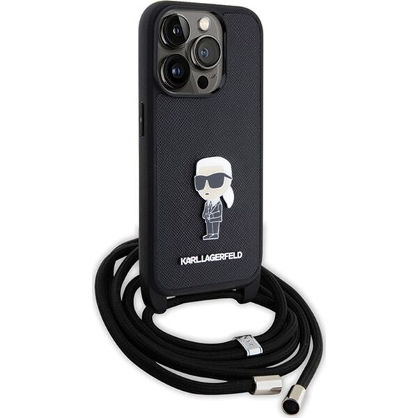Karl Lagerfeld Karl Lagerfeld KLHCP15LSASKNPSK iPhone 15 Pro 6.1" hardcase czarny/black Crossbody Saffiano Monogram Metal Pin Karl & Choupette