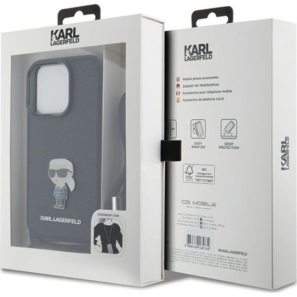 Karl Lagerfeld Karl Lagerfeld KLHCP15LSASKNPSK iPhone 15 Pro 6.1" hardcase czarny/black Crossbody Saffiano Monogram Metal Pin Karl & Choupette