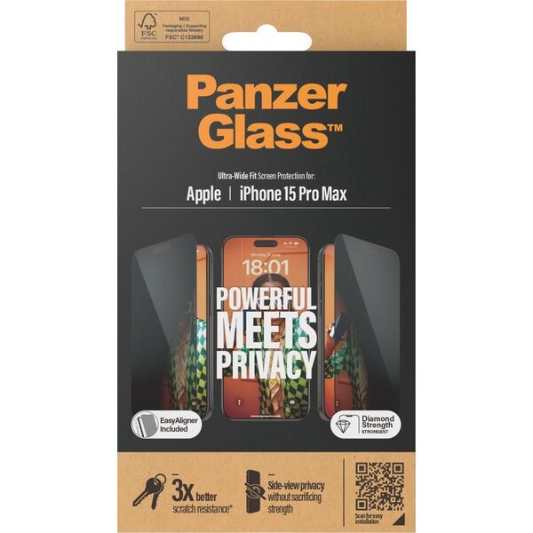 PanzerGlass PanzerGlass Ultra-Wide Fit - szkło prywatyzujące do iPhone 15 Pro Max czarna ramka - Gwarancja bezpieczeństwa. Proste raty. Bezpłatna wysyłka od 170 zł.