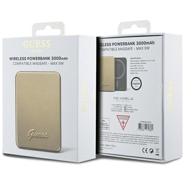 Powerbank Guess Guess Powerbank indukcyjny 5W GUPBM3ALGSGD 3000mAh złoty/gold MagSafe Metal Script Logo