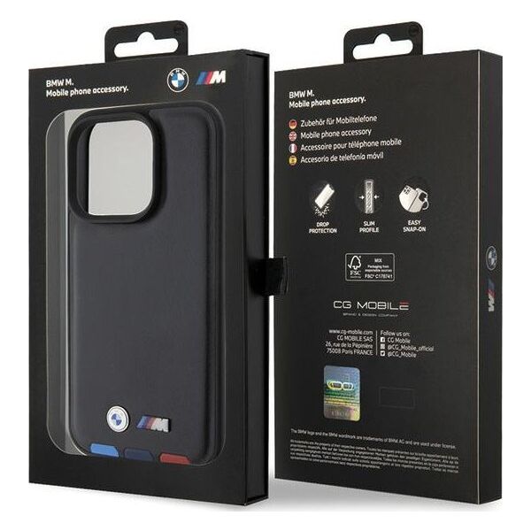 BMW BMW BMHCP15L22PTDK iPhone 15 Pro 6.1" czarny/black Leather Stamp Tricolor